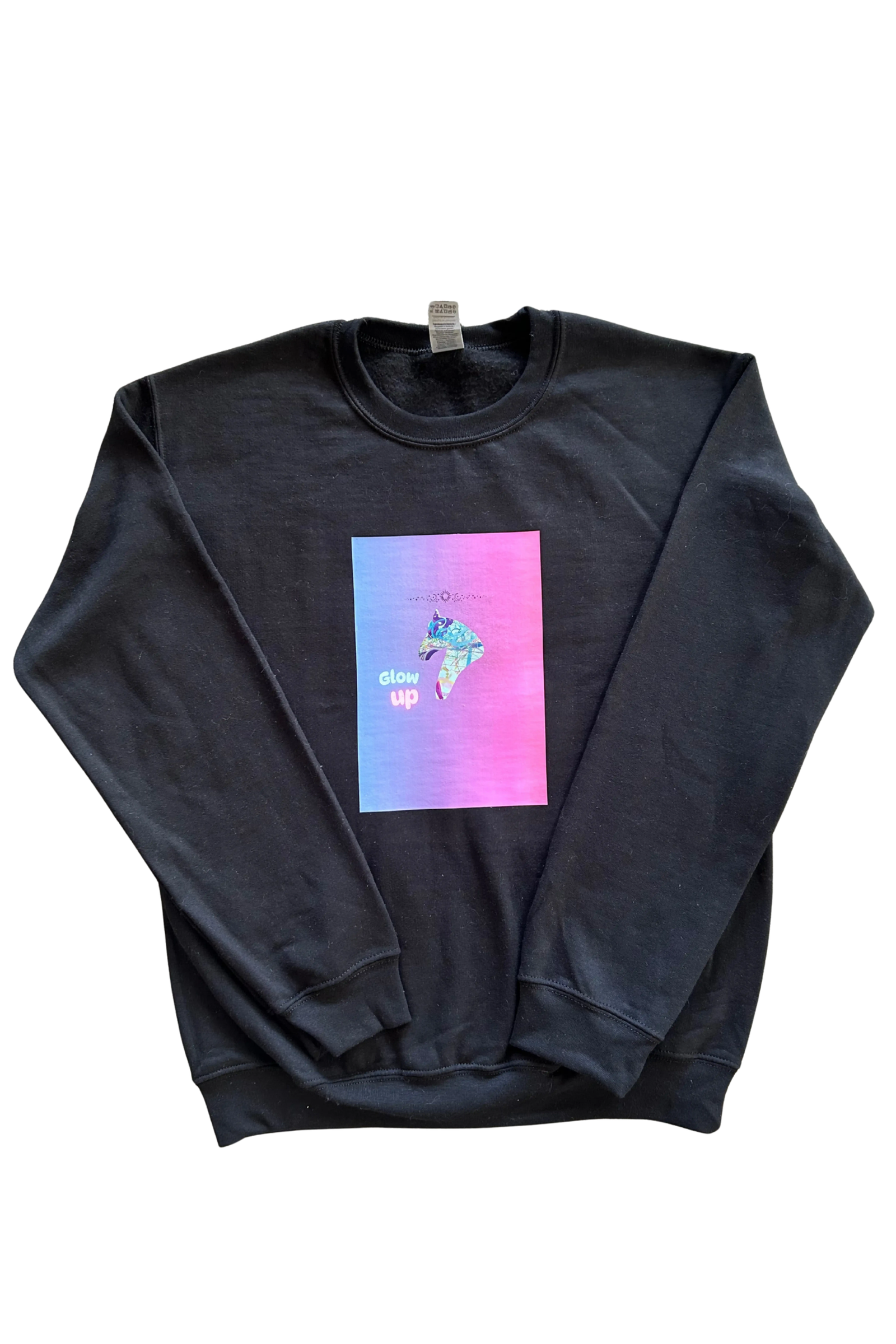 ** Black Adult Crew Neck Sweatshirt- Pink Horse