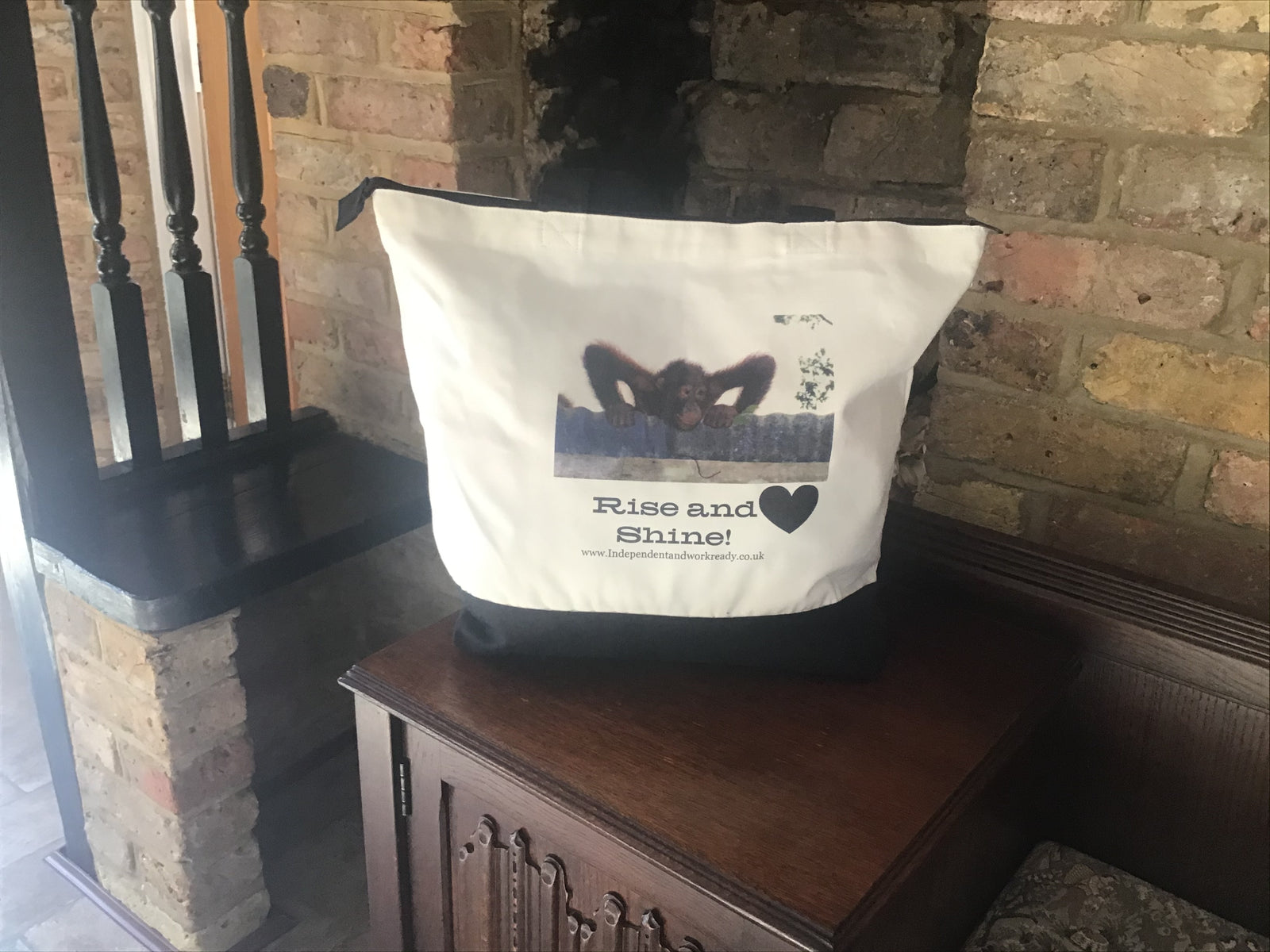 Two tone ‘Rise and Shine’ caption orangutan  cotton shopping bag with handle strap