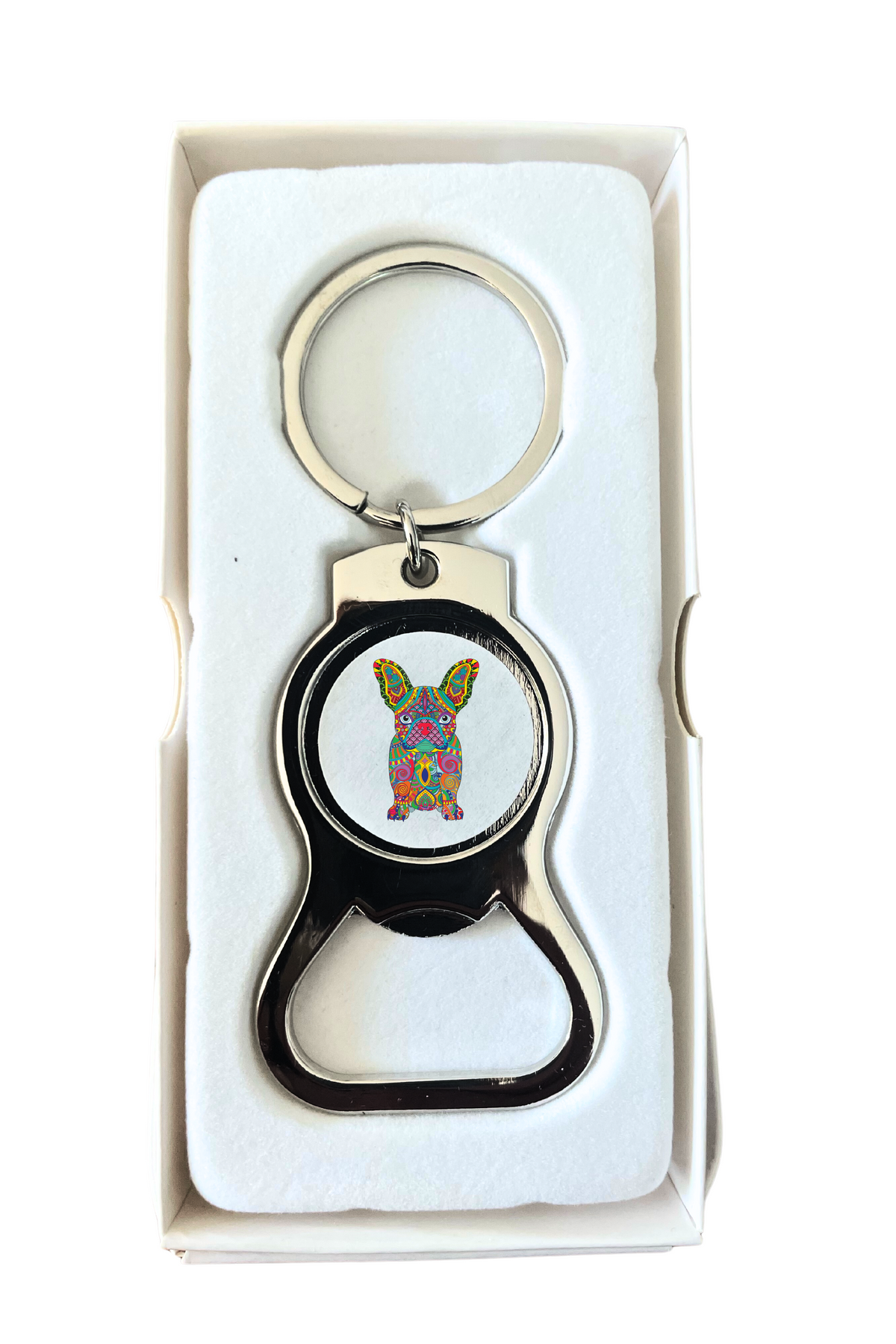 **Colourful French ball dog bottle opener keyring