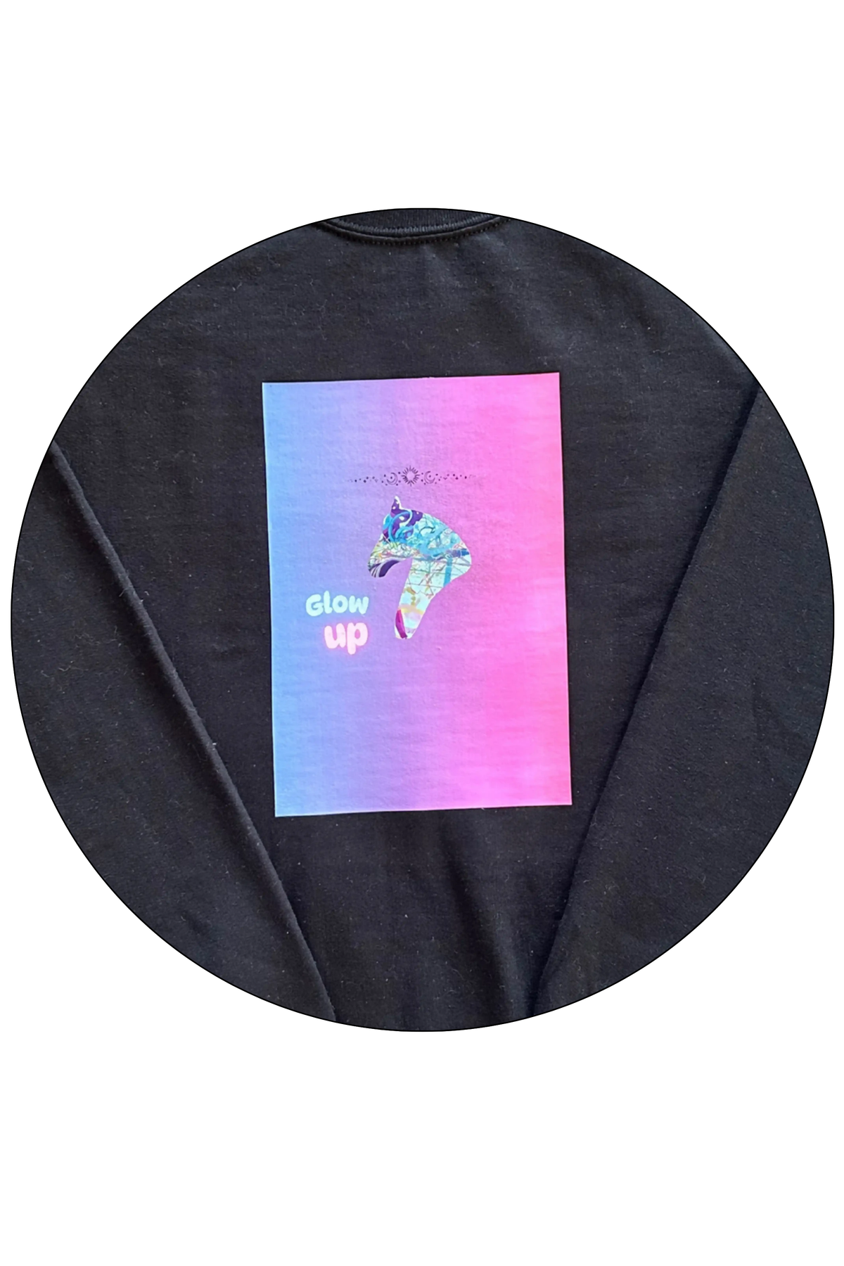 ** Black Adult Crew Neck Sweatshirt- Pink Horse