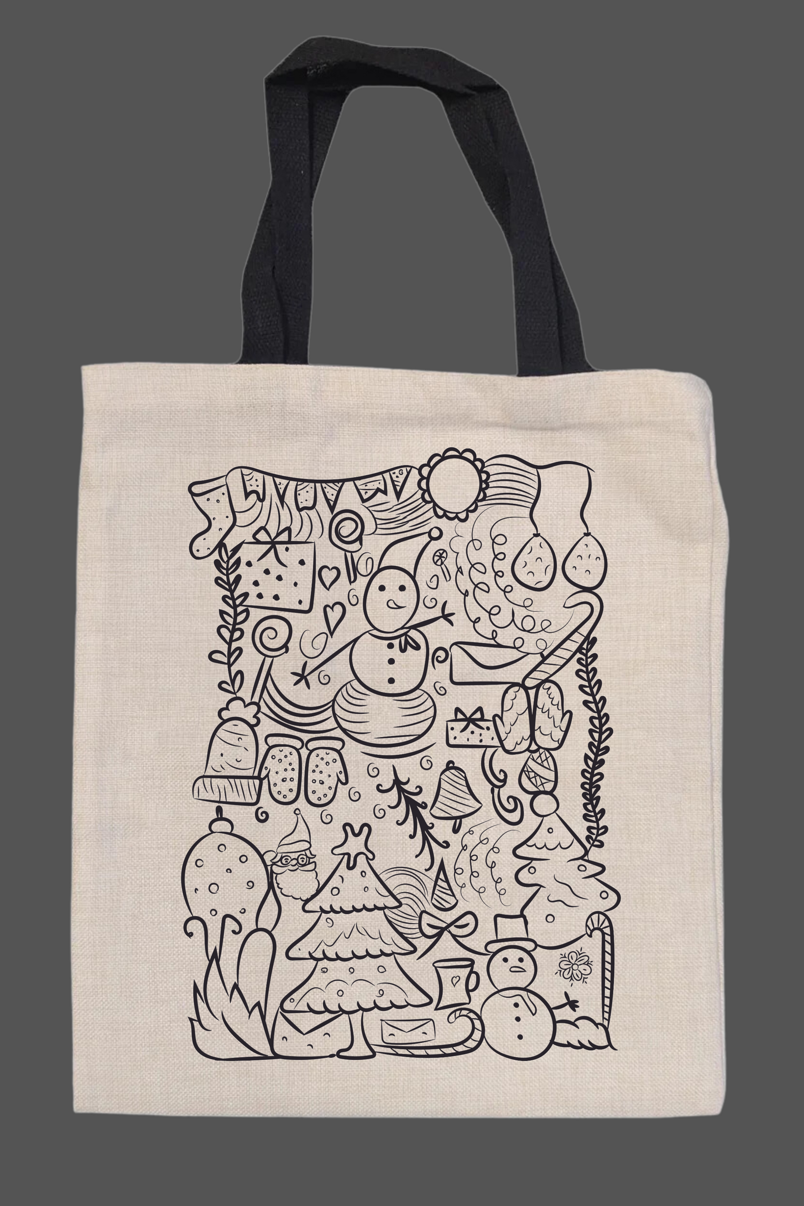 ***Christmas doodle outline tote bag black handles