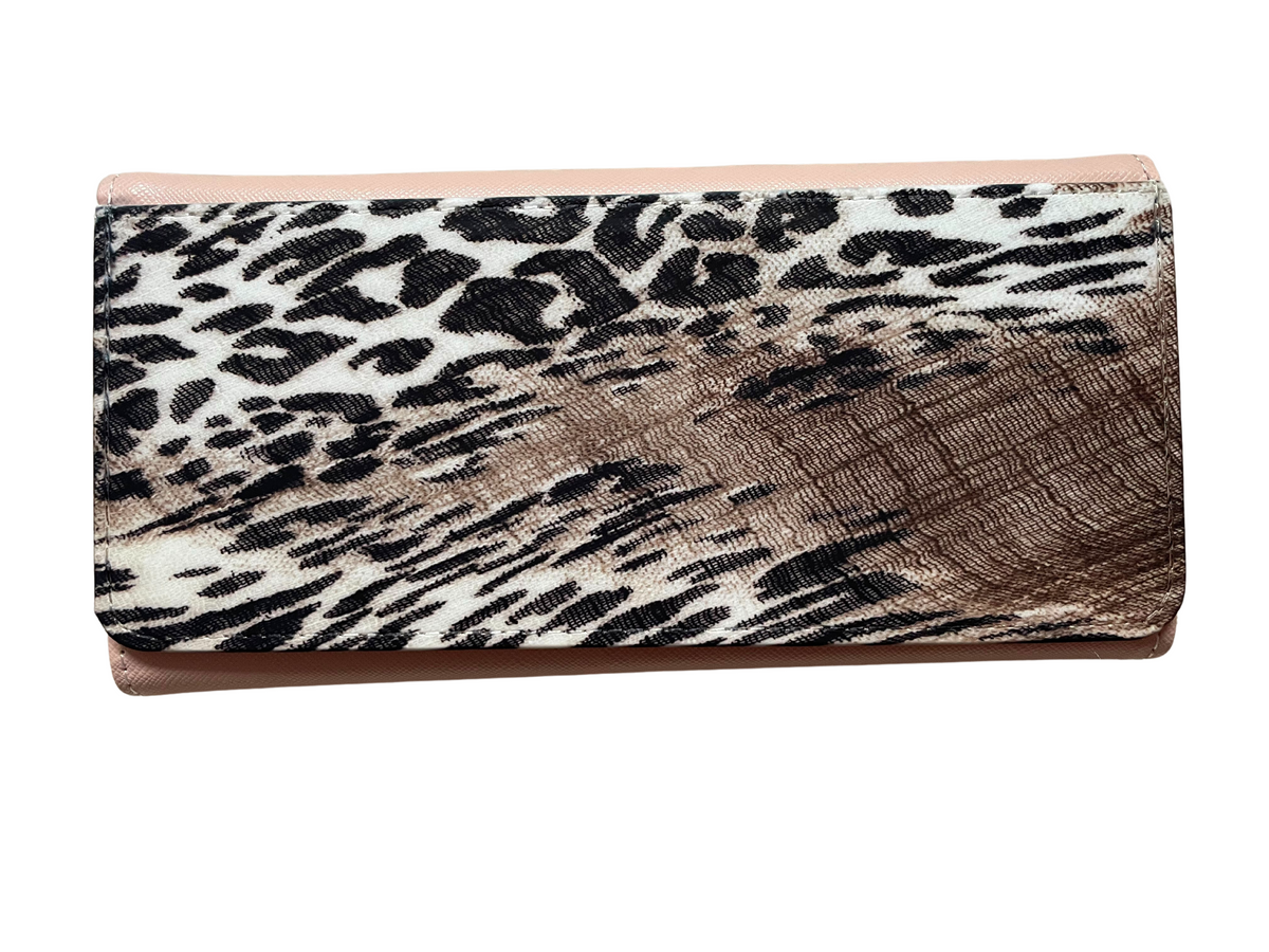 *Large pink PU leather purse with a brown animal print design