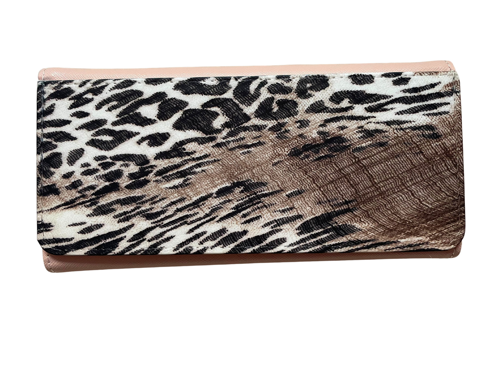 Large pink PU leather purse with a brown animal print design